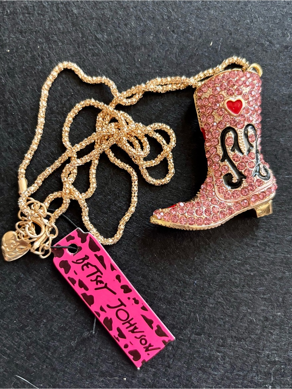 Betsey Johnson Gold & Pink Crystal Cowboy Boot Pendant Necklace